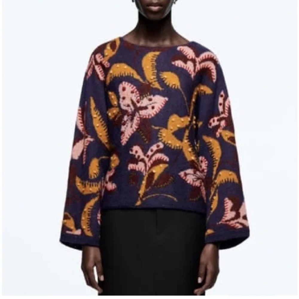 Zara Floral Knit Sweater Embroidered Textured Size S